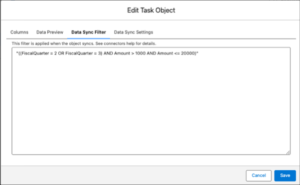 The edit object dialogue with the Data Sync Filter tab highlighted and an example filter added.