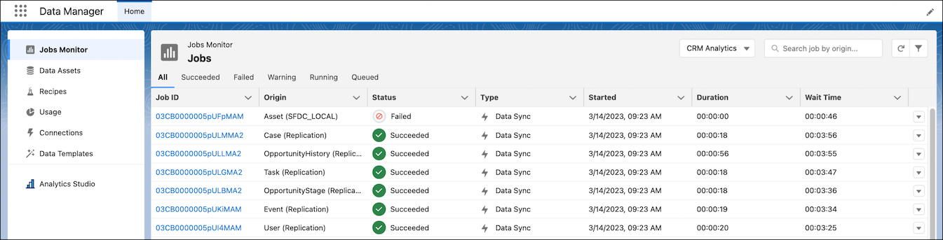 Data Manager shows the status of jobs that are running or have run.