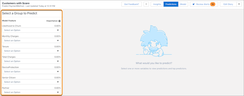 Vista Predicciones tras hacer clic en Predicciones en la barra de herramientas de Modelo