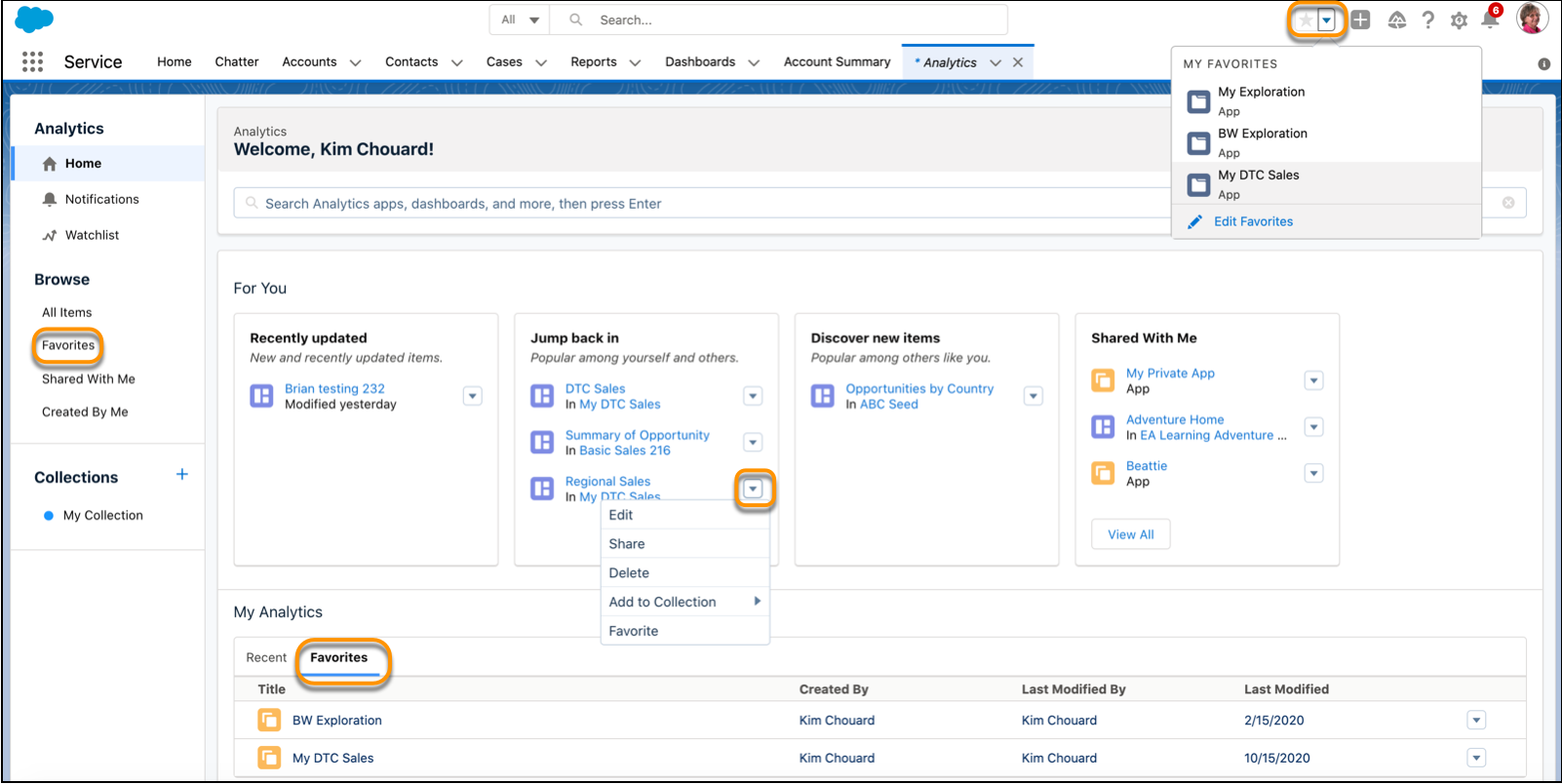 Asignar como favorito un activo desde múltiples ubicaciones en la página de inicio de CRM Analytics.