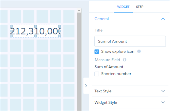 Cruscotto digitale con un widget numero. Le proprietà del widget sono visualizzate nel riquadro a destra.