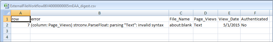 エラーログには、すべての CSV 列と、失敗した行ごとにエラーと行データが表示されます。