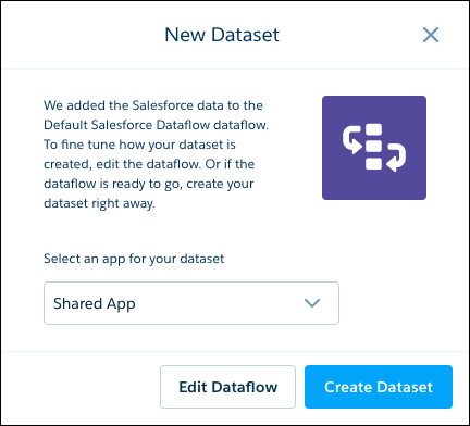 Het dialoogvenster Nieuwe gegevensset laat u een app voor de gegevensset selecteren, met knoppen voor het bewerken van de gegevensstroom of maken van de gegevensset.