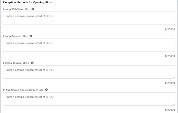 The fields to enter URLs that your app opens using an exception method