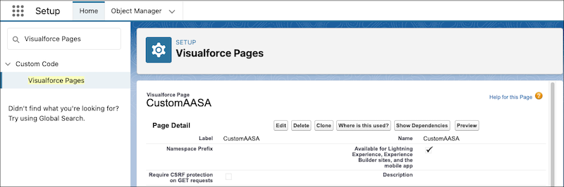 The Visualforce page settings for CustomAASA