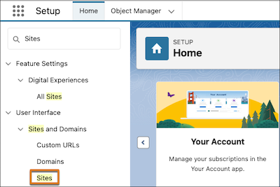 Entering Sites in the Setup Quick Find box and the link to Sites