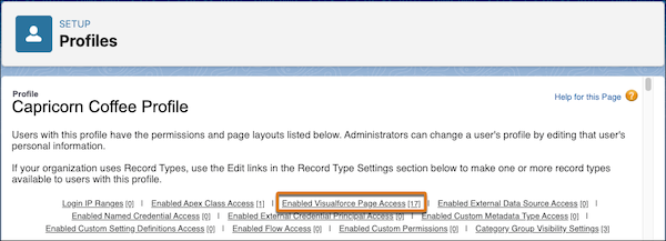 The link to Enabled Visualforce Page Access from the top of a site's profile page
