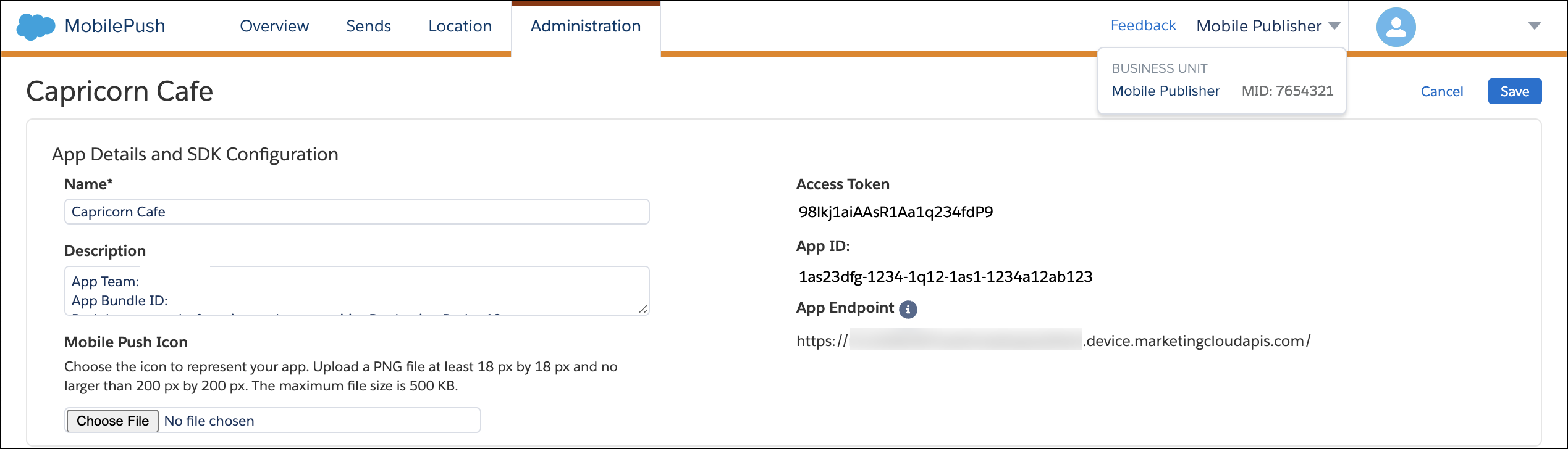 The fields in a MobilePush account where you record values to enter in Mobile Publisher