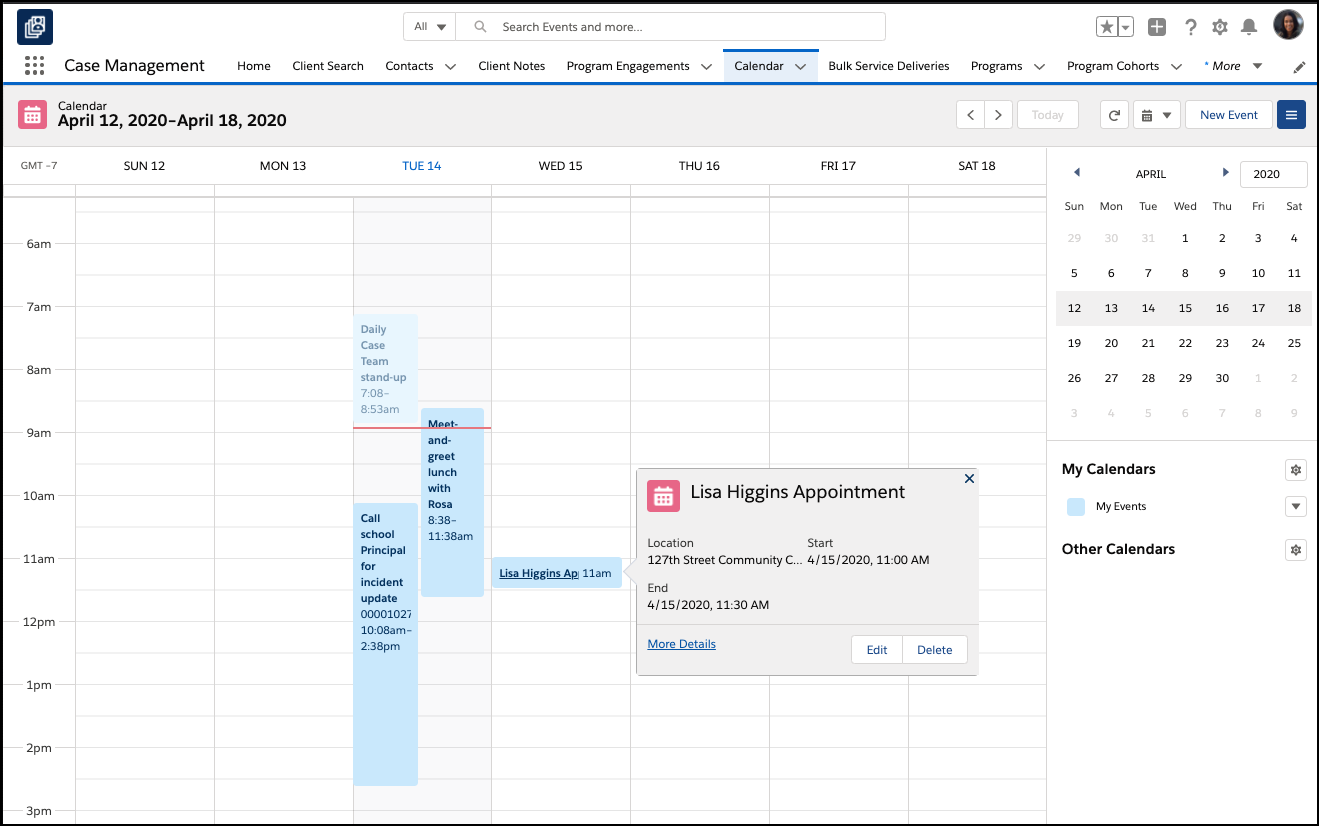 Calendar view showing scheduled events