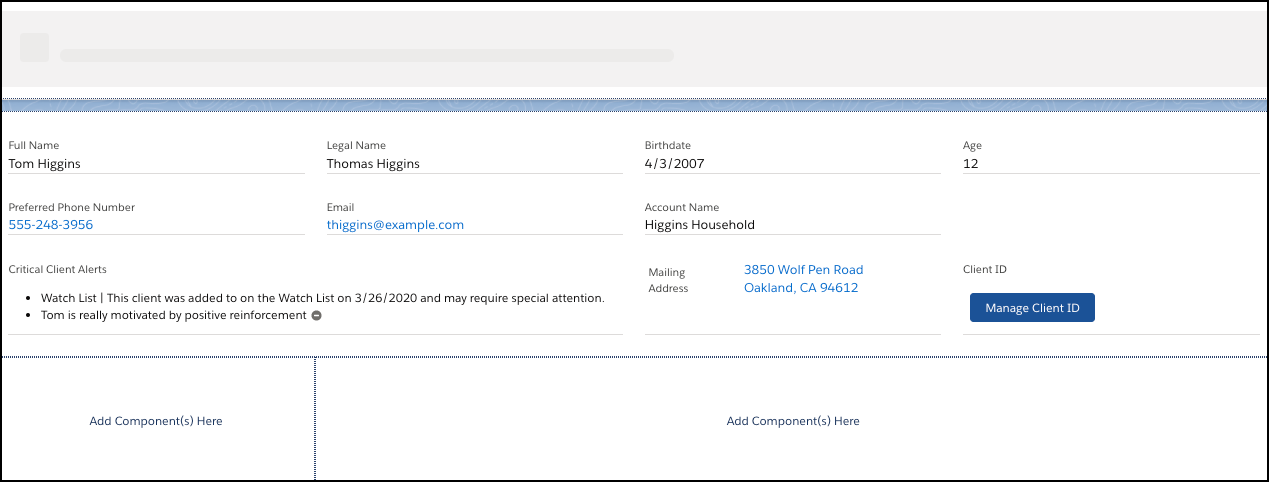 Shows position of Client Card details to the top component slot