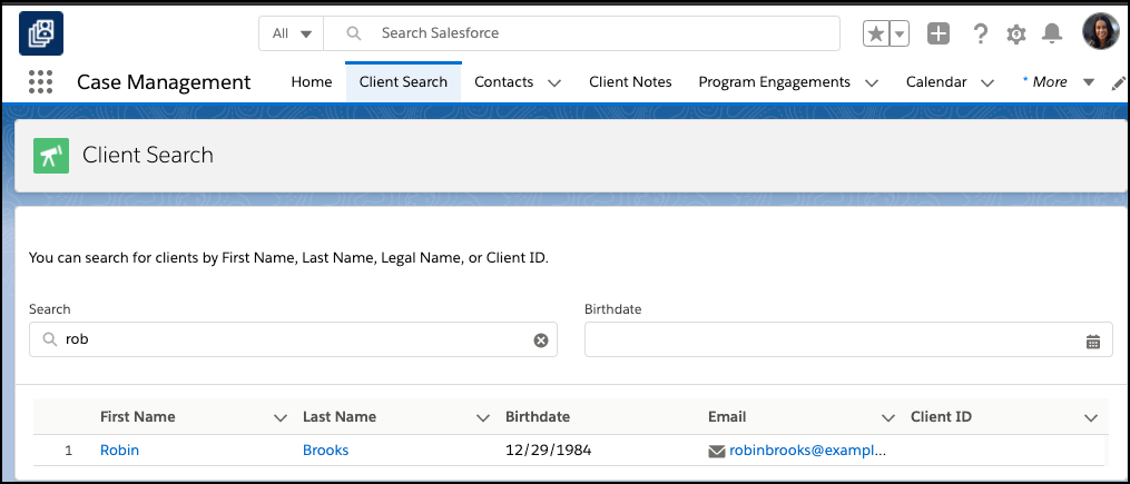 Client Search with beginning of client name yielding result