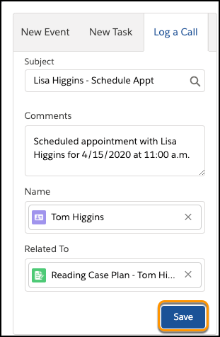 Log a Call tab showing Subject, Comments, Name, and Related To