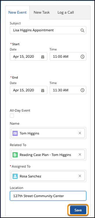 New Event showing Subject, Start and End date and time, and more