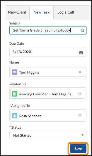 New Task showing Subject, Due Date, Name, Related To, and more