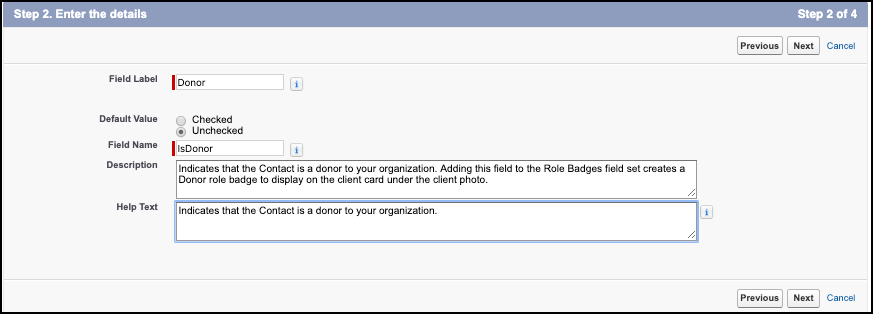 Field label, name, description and help text for Donor custom field