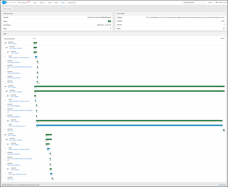 The trace detail page, with the trace summary and details at the top and the spans shown below as a nested waterfall of duration bars in the Service and Operation column.