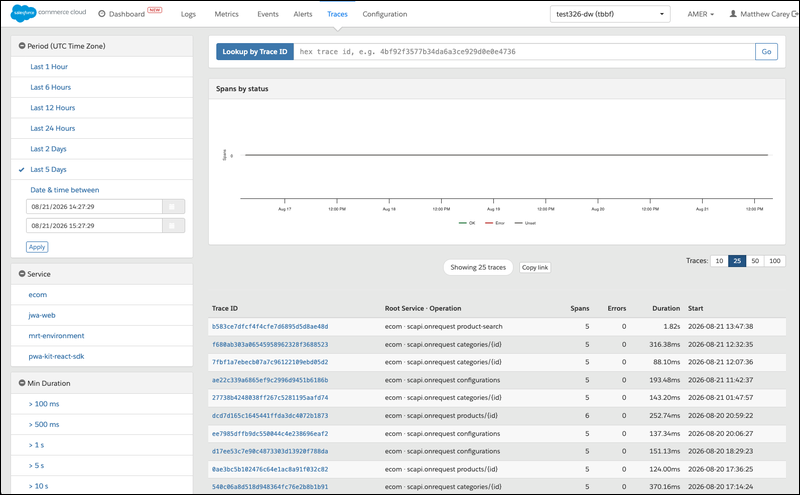 The Traces page in Log Center, showing the filter panel on the left, the spans-by-status chart, and the results table of matching traces.