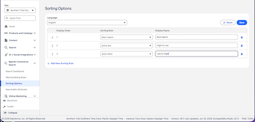 Sorting Options page in Business Manager showing sorting rules in their configured order with drag handles