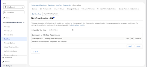 Sorting Rule tab in the catalog category editor in Business Manager showing the Default Sorting Rule dropdown