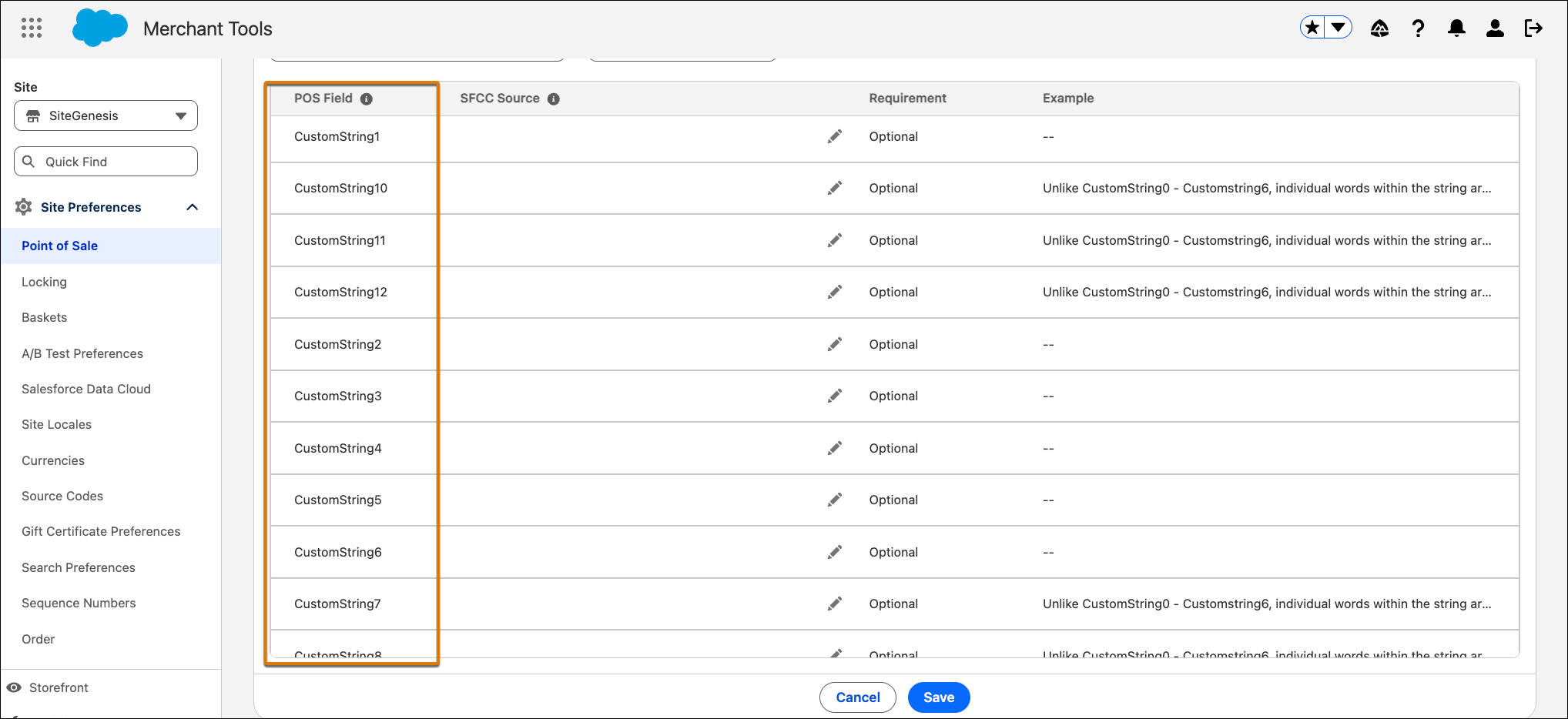 Screenshot showing CustomString fields mapped to B2C Commerce custom attributes.