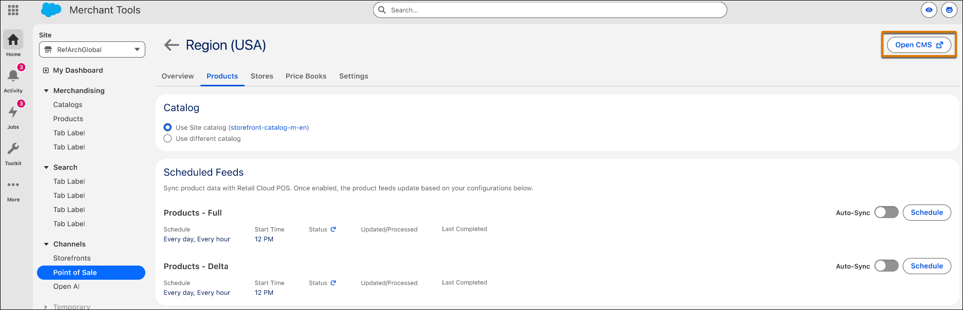 Screenshot showing the Open CMS button on the Products tab in Business Manager.