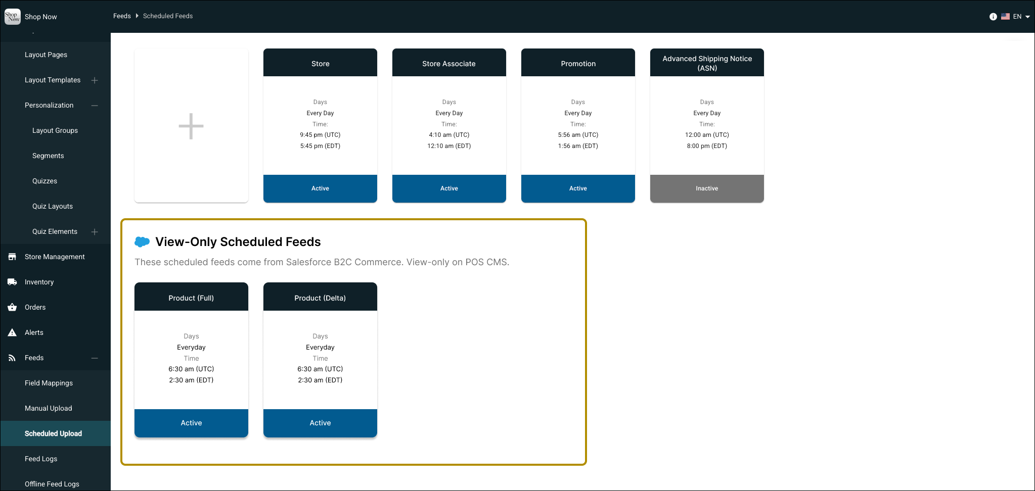 Screenshot of the read-only Scheduled Feeds section in Point of Sale CMS showing feed status and schedules.