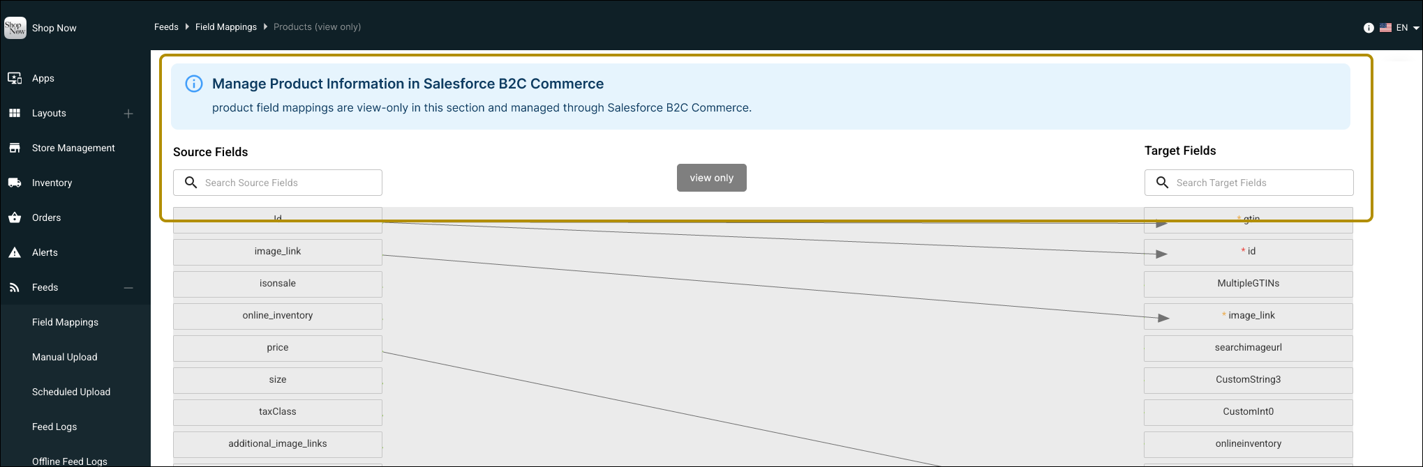 Screenshot of the read-only Field Mappings section in Point of Sale CMS showing mapped product fields.