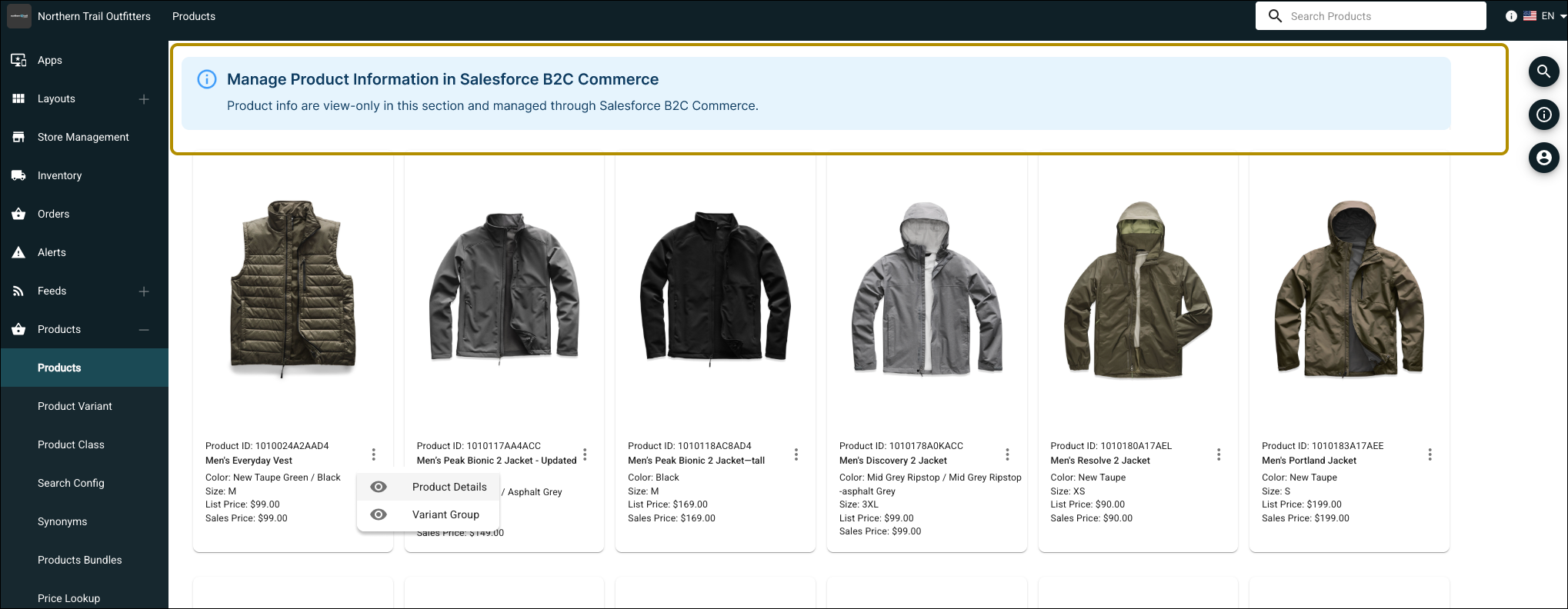 Screenshot of the read-only Products section in Point of Sale CMS showing synced product data.
