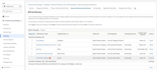 The Search Refinements Definitions tab in the catalog category editor in Business Manager showing the refinement attribute configuration fields.