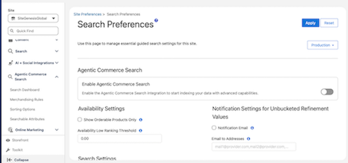 The Search Preferences page in Business Manager showing the Enable Agentic Commerce Search toggle in the On position.