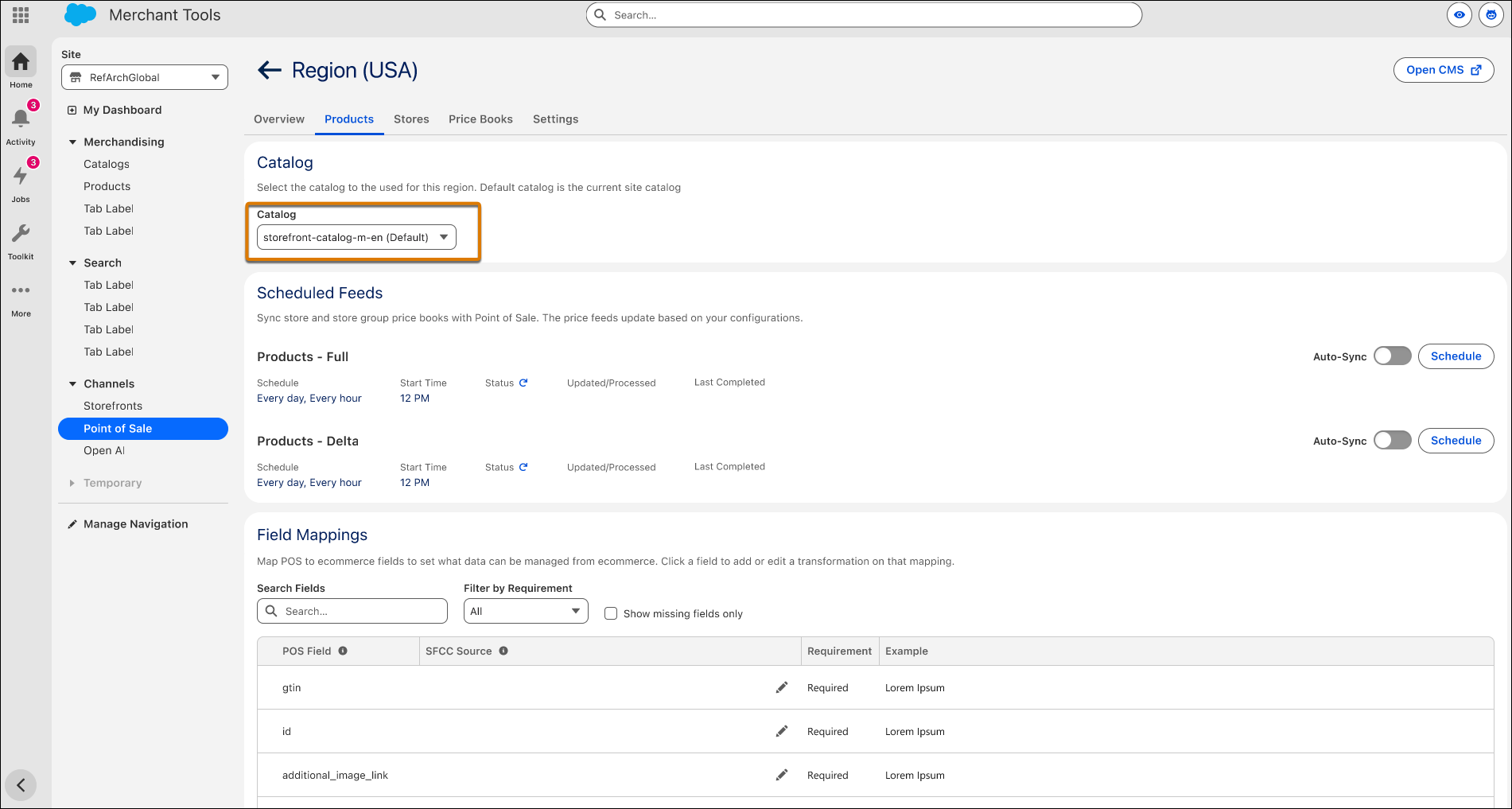 Screenshot of the Products tab showing the selected catalog in the Catalog section.