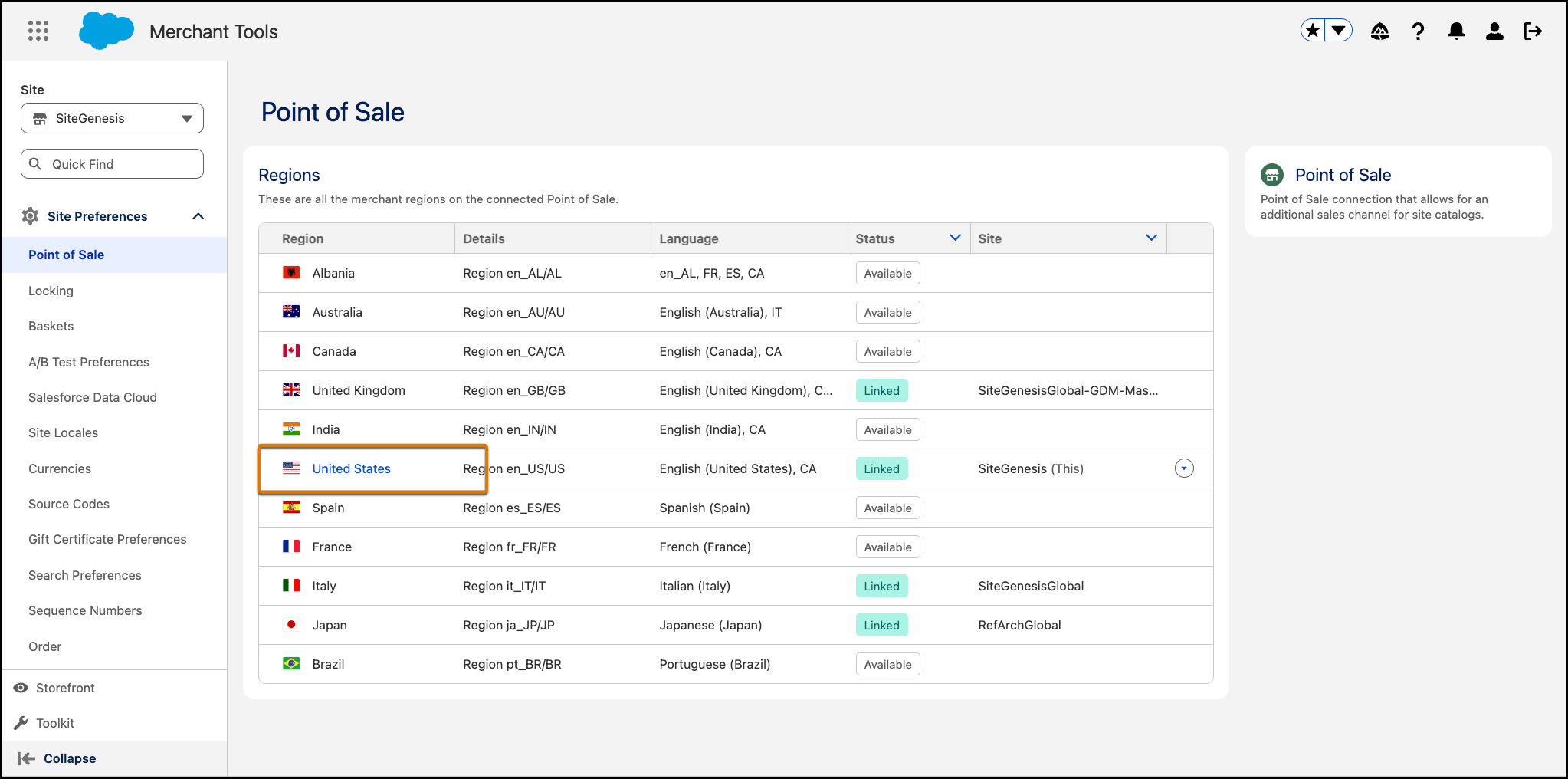 Screenshot of the Merchant Locale Region configuration page.