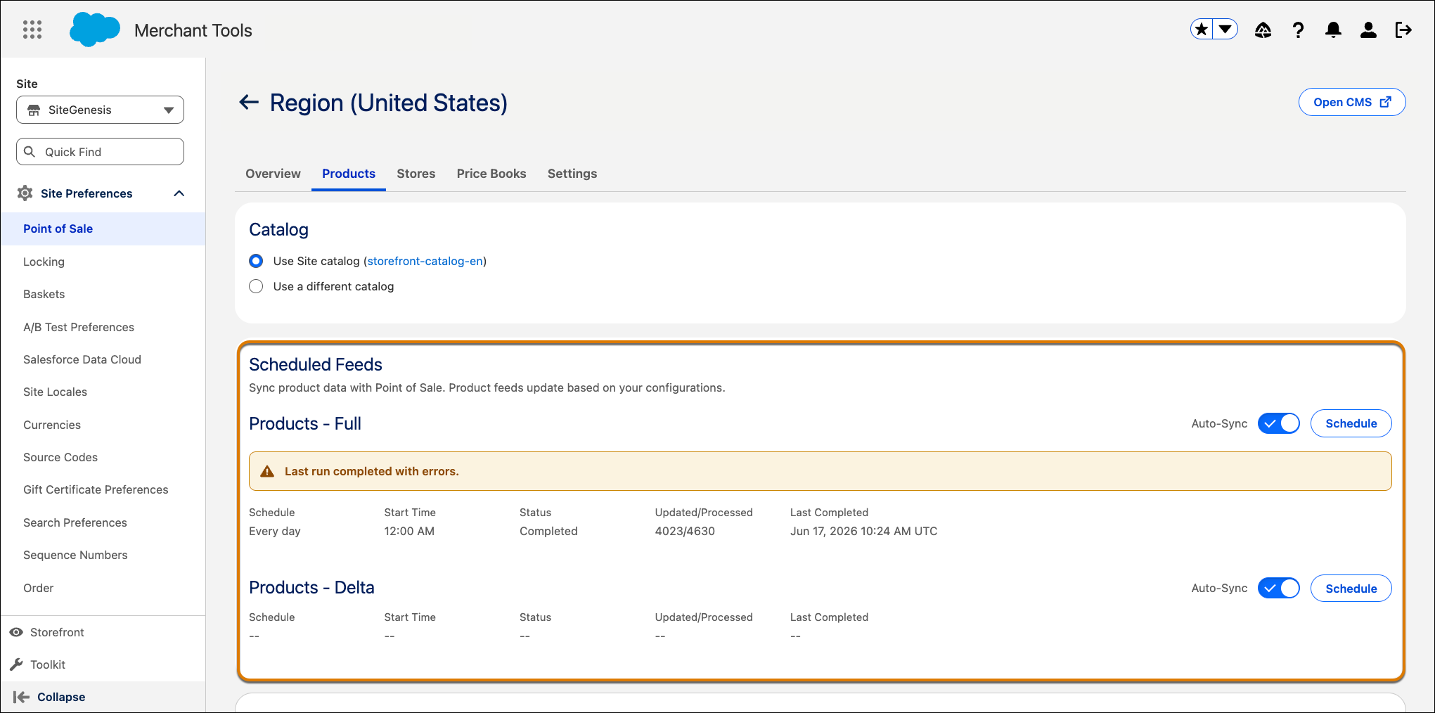Screenshot of the Scheduled Feeds section showing Full Feed, Delta Feed, and Auto-Sync configuration options.