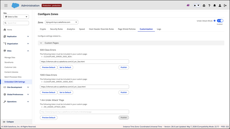 Configure Zones Customization tab showing the Custom Pages section with URL fields and Publish buttons for 500 Class Errors, 1000 Class Errors, and the I Am Under Attack page, each requiring an embedded token in the custom HTML page