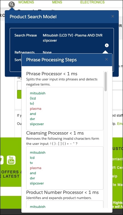 Product search model window example.