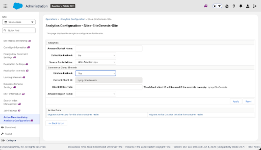 The Active Merchandising Analytics Configuration page in Business Manager showing the Commerce Einstein enabled toggle
