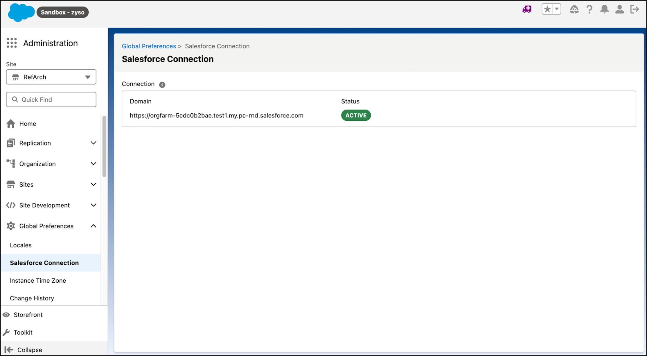 Salesforce Connection screen showing an active Salesforce connection.