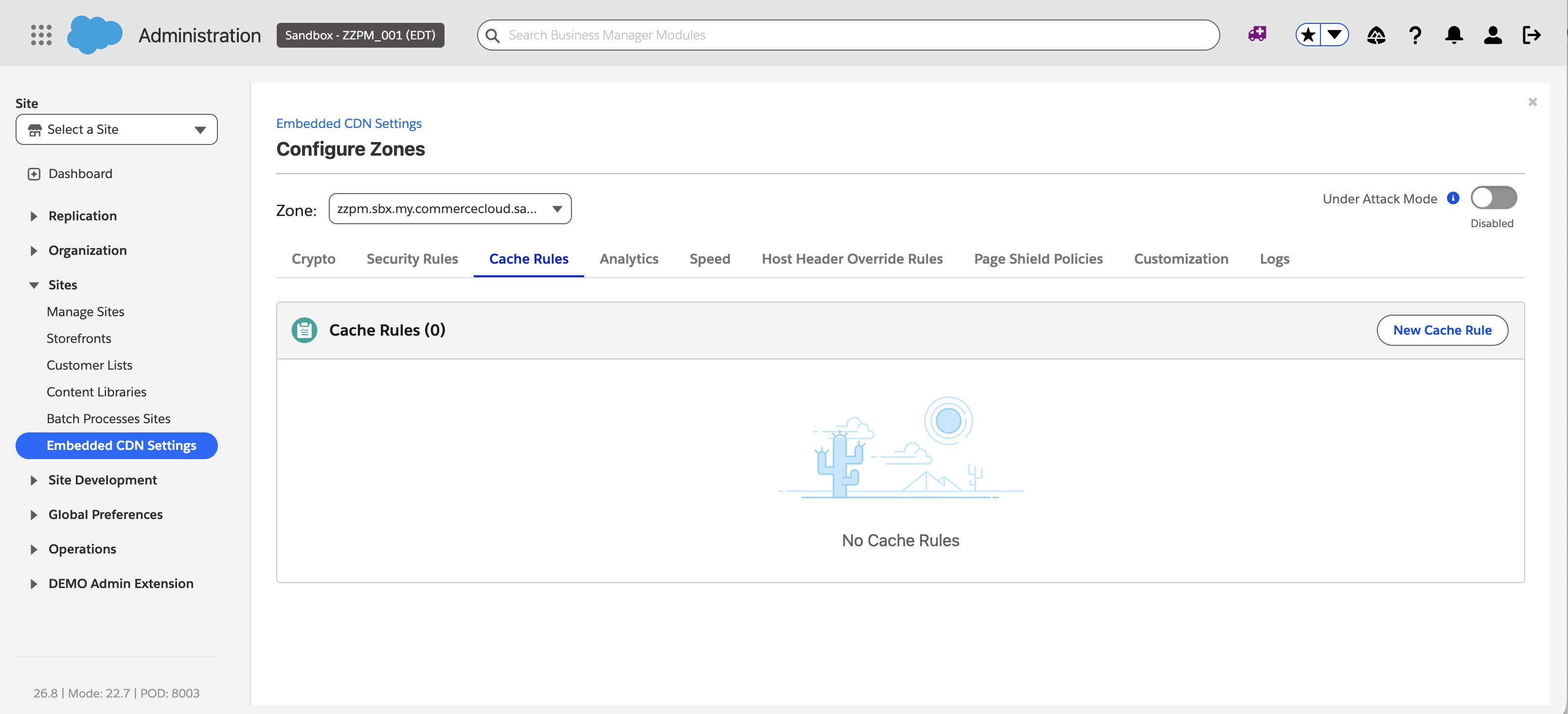 Cache Rules tab in Configure Zones with no cache rules configured and the New Cache Rule button