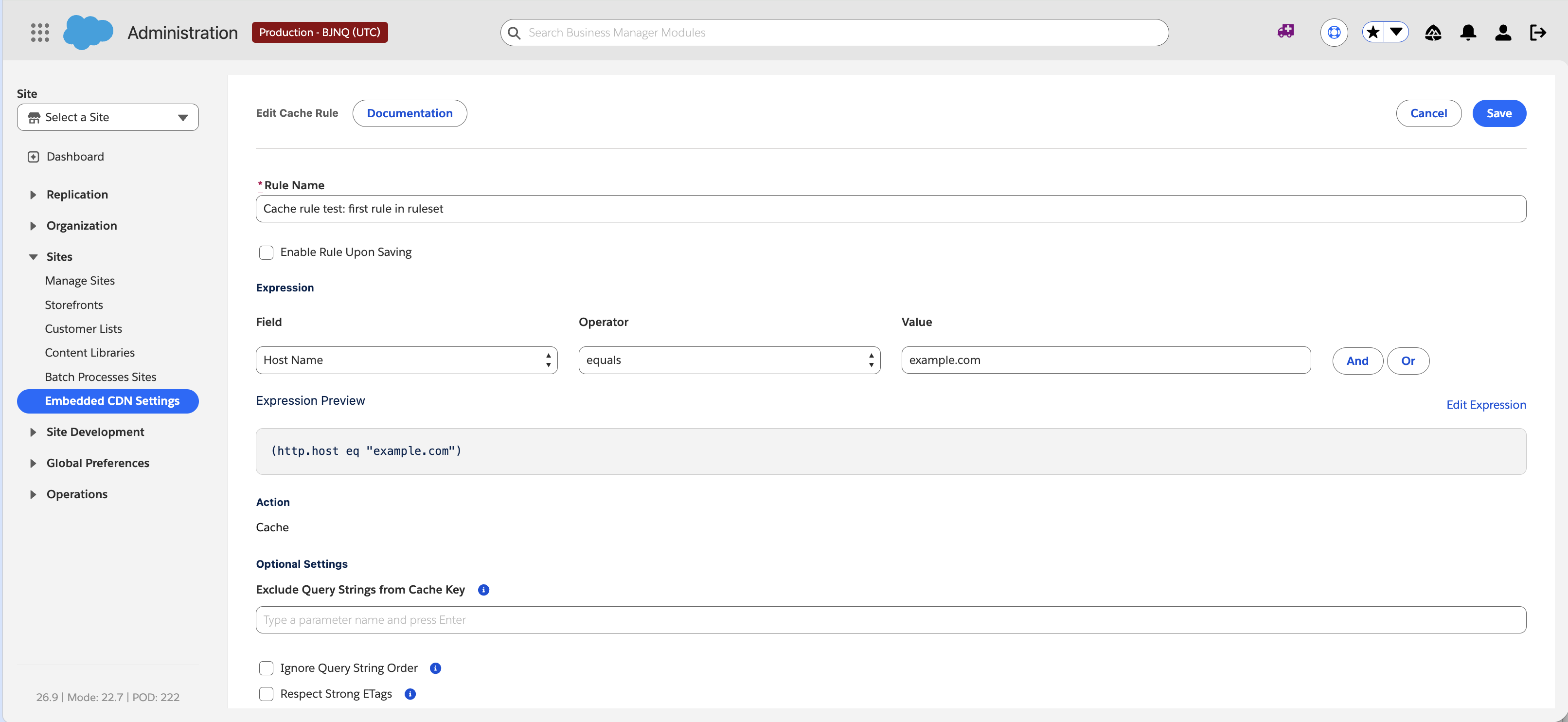 Edit Cache Rule form showing the rule name, expression builder, expression preview, cache action, and optional cache key settings