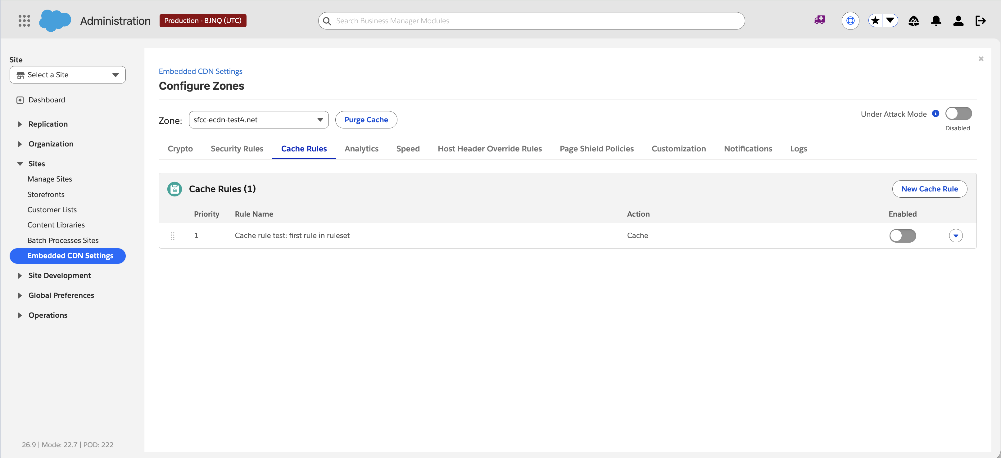 Saved cache rule listed on the Cache Rules tab with its priority, action, and enabled status
