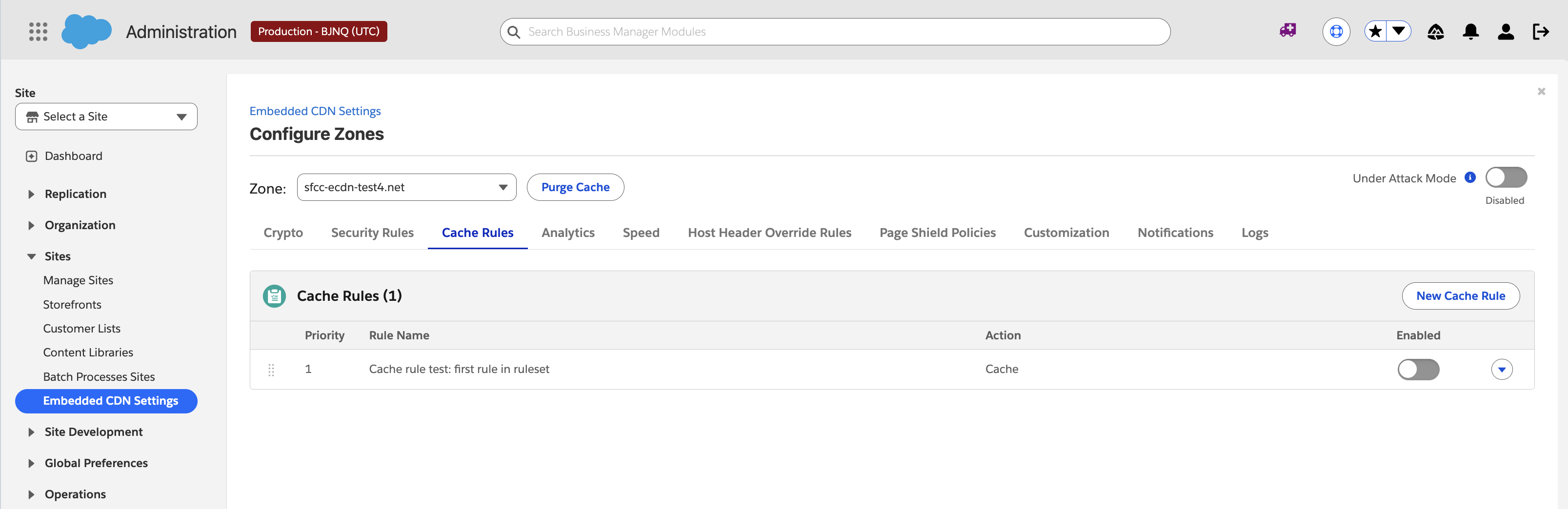 Configure Zones Cache Rules tab with the Purge Cache button next to the zone selector