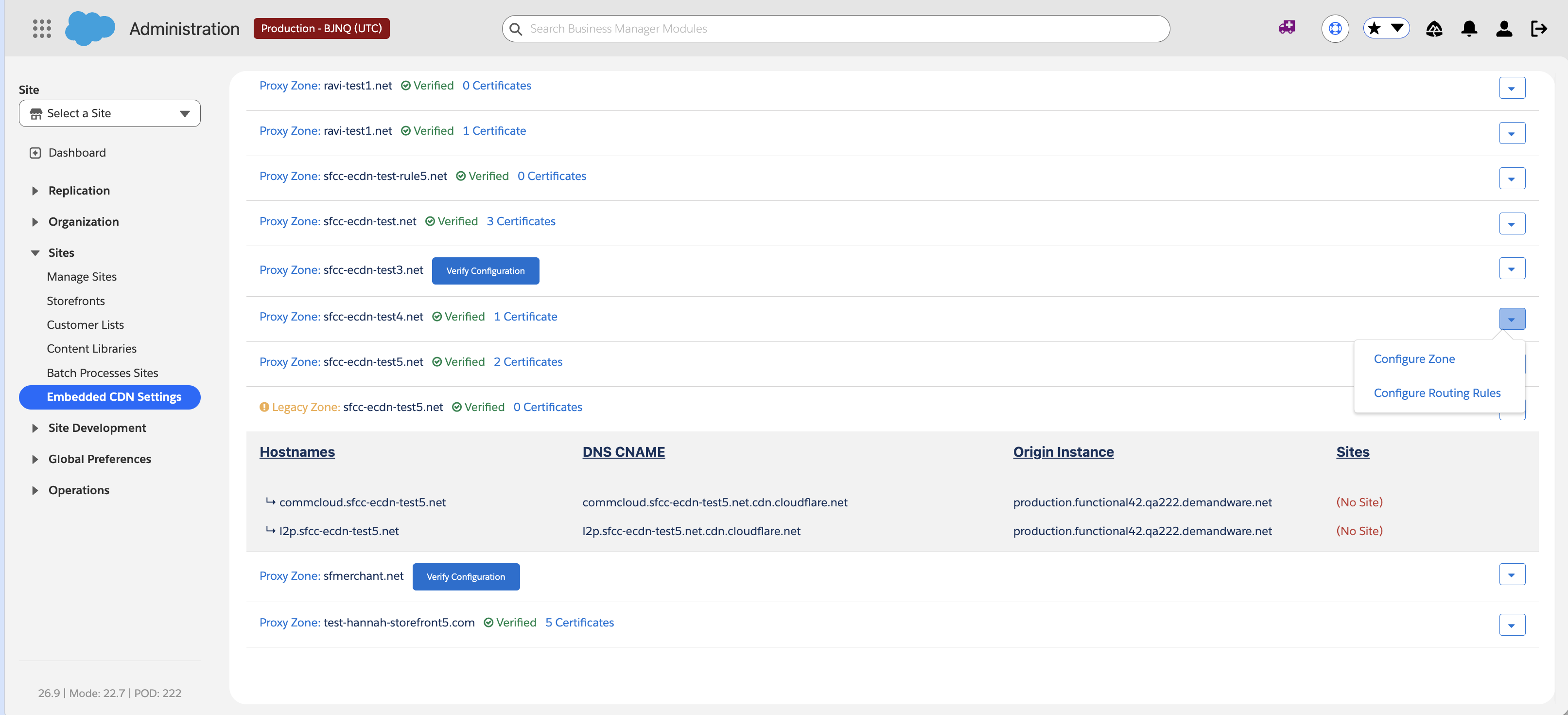 Embedded CDN Settings zone list with Configure Zone selected from the zone actions menu