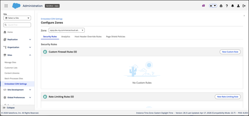 Configure Zones Security Rules view for ODS zone zzpq.sbx.my.commercecloud.salesforce.com showing Custom Firewall Rules and Rate Limiting Rules sections.