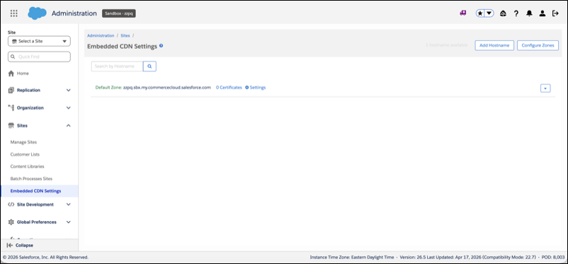 Embedded CDN Settings page for an ODS sandbox showing the auto-provisioned Default Zone zzpq.sbx.my.commercecloud.salesforce.com with Add Hostname and Configure Zones buttons.
