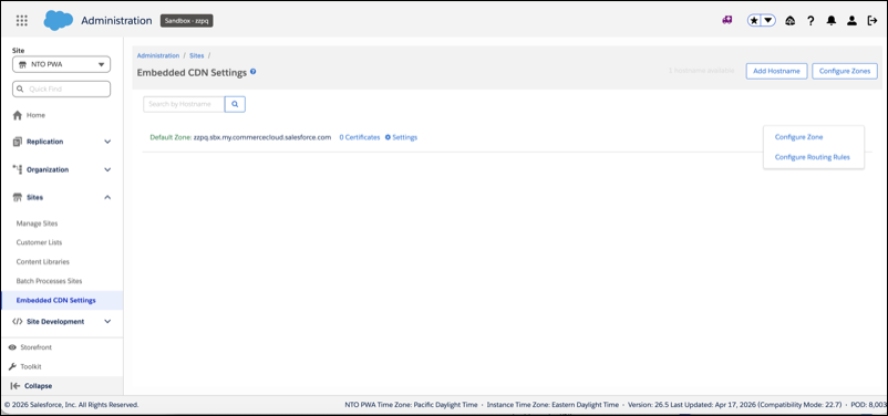 Embedded CDN Settings dropdown for an ODS sandbox showing the Configure Zone and Configure Routing Rules options.