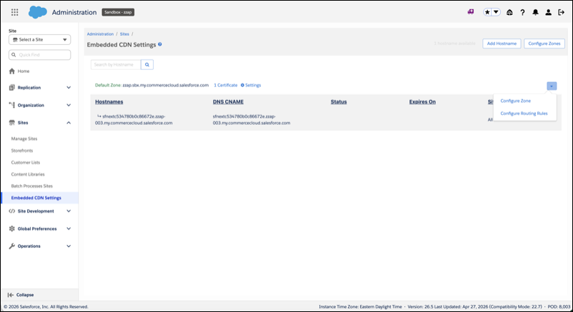 Embedded CDN Settings page for an ODS sandbox showing a registered hostname with the Configure Zone and Configure Routing Rules dropdown open.