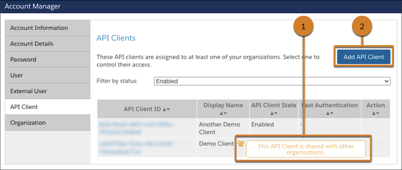Página Clientes de API en Account Manager que muestra (1) un cliente de API compartido y (2) el botón Agregar cliente de API