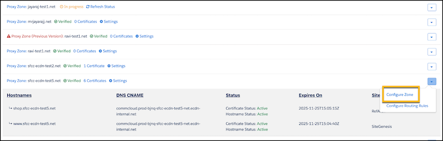 Menú desplegable Configurar zona para una zona proxy en Business Manager