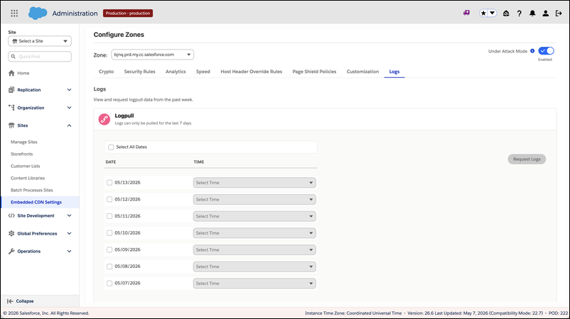 Pestaña Registros que muestra las secciones Logpush y Logpull