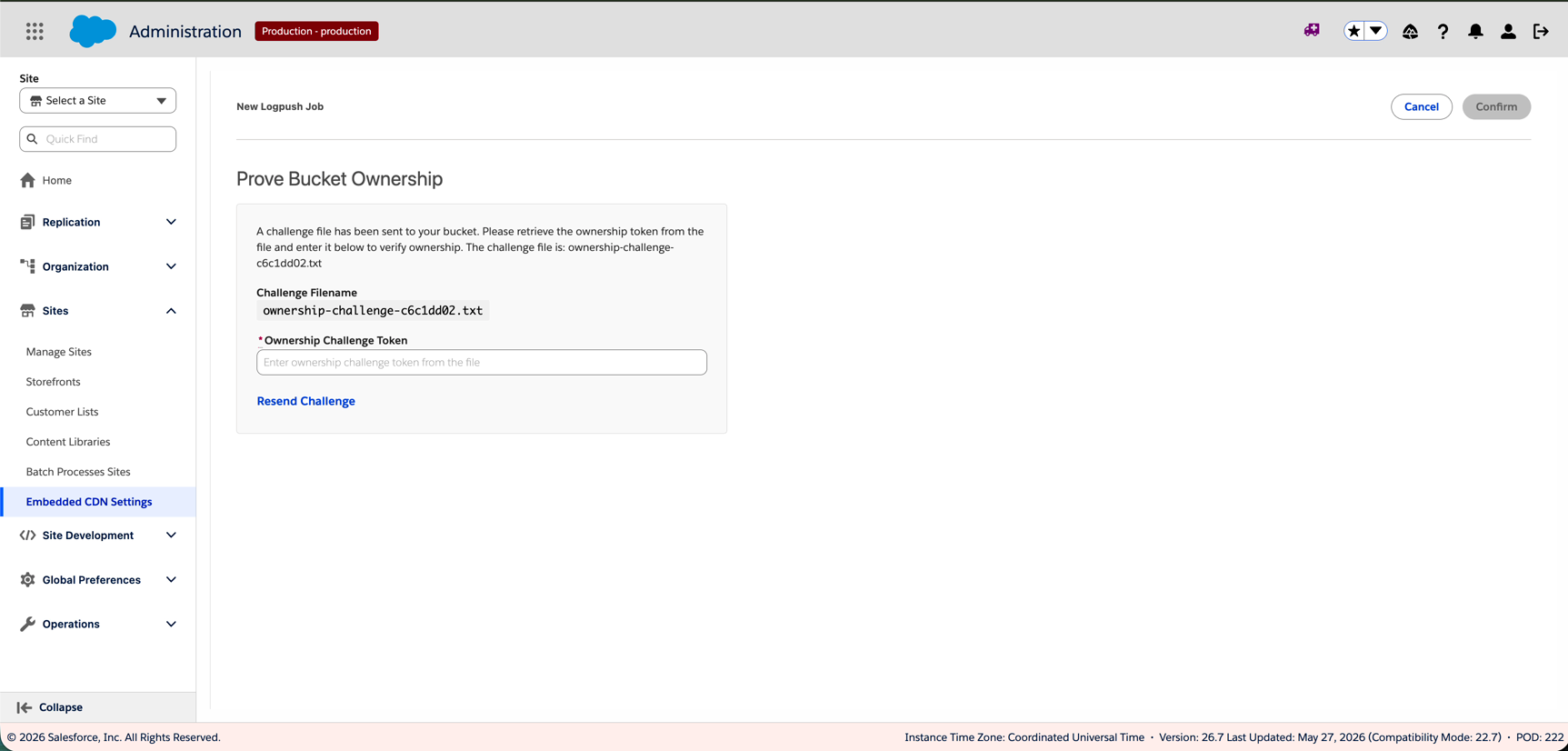 Cuadro de diálogo Probar propiedad del bucket que muestra el nombre del archivo de desafío ownership-challenge-c6c1dd02.txt, el campo de entrada Token de desafío de propiedad y el vínculo Reenviar desafío